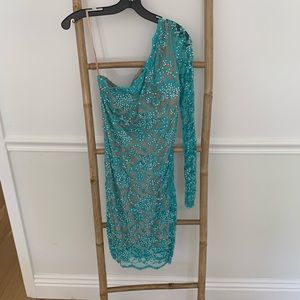 Jovani One Shoulder Teal Blue Aqua Dress Crystal